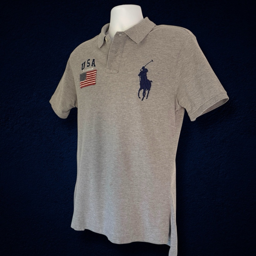 Polo Ralph Lauren USA Flag Polo Shirt XL Custom Fit Athletic V-Fit Gray - Picture 3 of 13